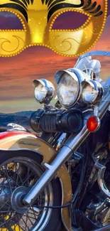 Vibrant motorcycle with golden mask against sunset backdrop.