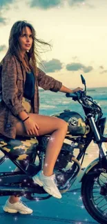 Woman riding motorcycle along the beach at sunset, exuding adventure and freedom.