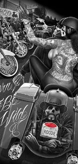 Artistic motorcycle biker wallpaper with tattoos and skull motif.