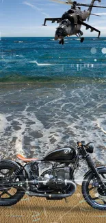 Motorcycle on beach with helicopter flying over ocean waves.