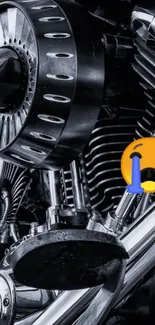 Black and chrome motorcycle engine with crying emoji overlay.