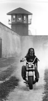 Black and white motorcycle escape in a dusty and dramatic setting.