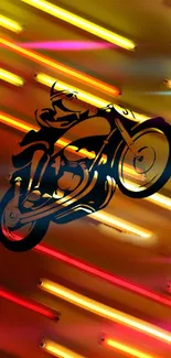 Motorcycle silhouette with bright neon lights in vibrant colors.