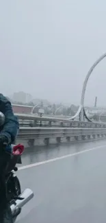 Biker riding a motorcycle on a rainy city bridge with gray skies.