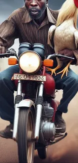 Man riding motorcycle holding chicken in vibrant scene.