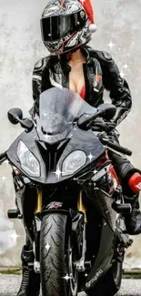 Motorcycle rider in leather jacket with helmet, posing on a sleek bike.