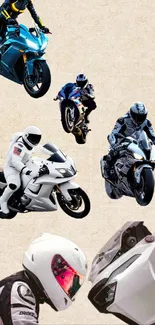 Motorcycle stunt riders performing tricks on racing bikes.