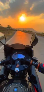 Motorcycle on open road during sunset.