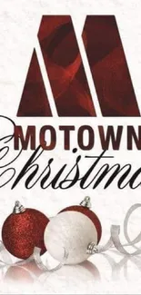 Motown Christmas wallpaper with red and white ornaments on a holiday-themed background.