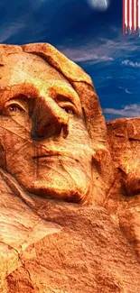 Mount Rushmore with blue sky and moon in the background with American flag.