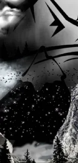 Abstract mountain and climber with stars and birds in grayscale.