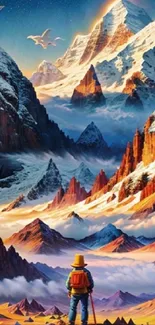 Mountain adventurer art with colorful peaks and a lone traveler.