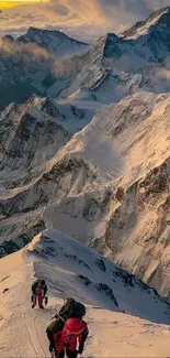 Mountaineers climb snow-covered peaks with clouds and distant mountains.