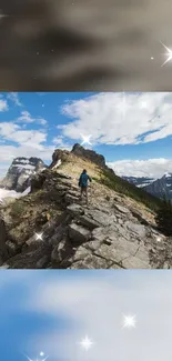 Hiker on rocky mountain path with stunning blue sky and clouds.