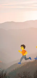 Cartoon runners over scenic mountain landscape with peach sky.