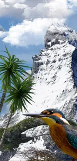 Vivid wallpaper of mountain, kingfisher, and tropical palms.