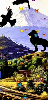 Mountain view with wildlife silhouettes and colorful scenery.