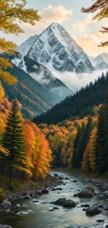 Autumn mountain river with colorful trees and snow peak.