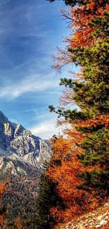 Autumn landscape with mountains and trees in vibrant colors.