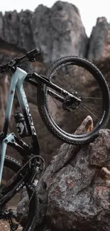 Mountain bike on rocky terrain with gray and earthy tones.