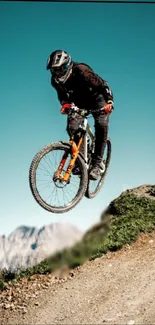 Mountain biker jumps against scenic backdrop.