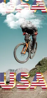 Mountain biker jumps USA-themed background.