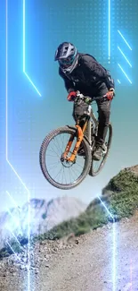 Cyclist mid-air with glowing light effects on mountain path.