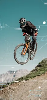 Mountain biker airborne against a scenic backdrop.