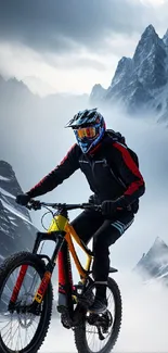 Cyclist on a mountain bike rides through snowy peaks.