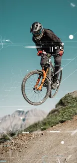 Mountain biker jumping in scenic landscape.