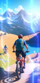 Two mountain bikers riding through scenic terrain with mountains and lake views.