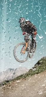 Cyclist jumps on mountain trail with scenic backdrop.