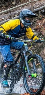 Mountain biker crossing a stream in vibrant autumn scenery.