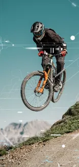 Rider jumps on mountain bike against clear sky on scenic trail.