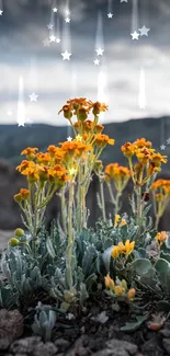 Orange flowers bloom against a cloudy mountain backdrop.