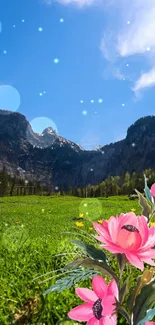 Mountain landscape with pink flowers under a bright blue sky.