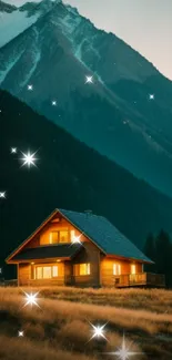 Cozy cabin nestled against a majestic mountain backdrop at dusk.