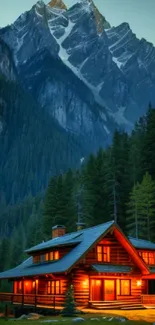 Cozy mountain cabin with glowing lights surrounded by pine trees and snow-capped peaks.