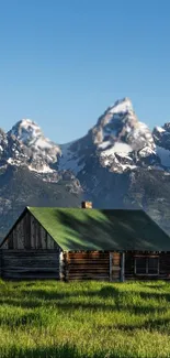 Scenic cabin in a lush green field with snow-capped mountains.