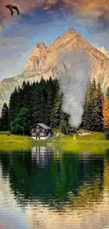 Mountain cabin by lake with reflection and colorful sky.