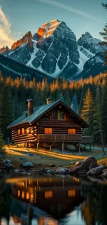 Mountain cabin reflected in serene lake at sunset, surrounded by nature.