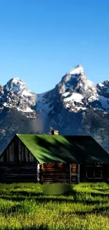 Mountain cabin with snowy peaks and green fields.