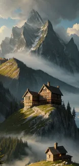 Scenic mountain cabin with lush greenery and towering peaks in the background.