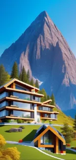 Modern cabin with mountain background and lush greenery under a clear blue sky.