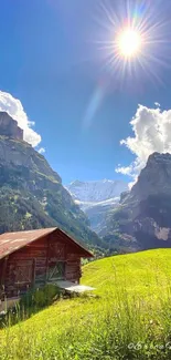 Mountain cabin with sunny blue sky and green fields.