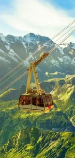 Cable car soaring over lush green mountains against a clear blue sky.