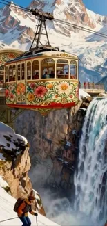 Cable car over waterfall with snowy mountains.