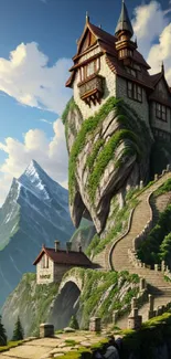 A fantasy castle atop a mountain with a winding path and blue sky background.