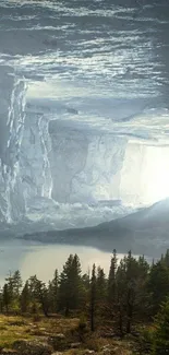 Scenic mountain cave with trees and lake reflecting light.