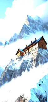 Mountain chalet amidst clouds and snowy peaks, serene wallpaper.